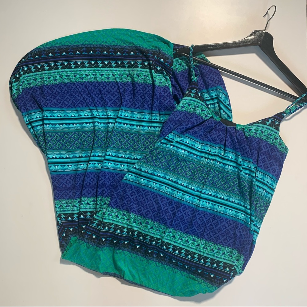 Womens Large Blue & Green Patterned High Low Dress